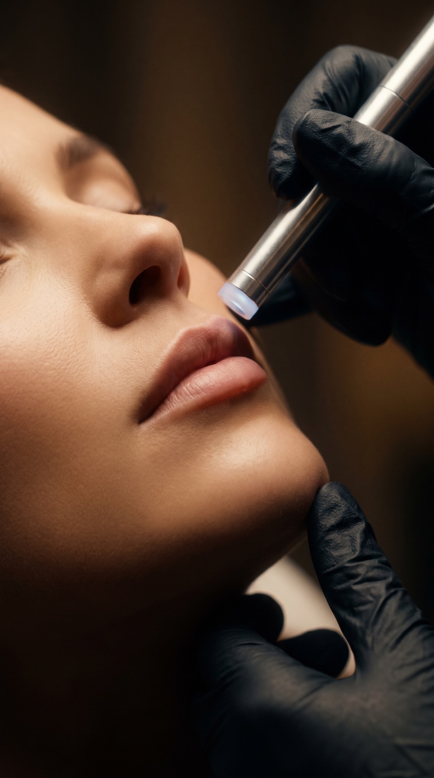 A laser handpiece gliding above smooth, glowing skin