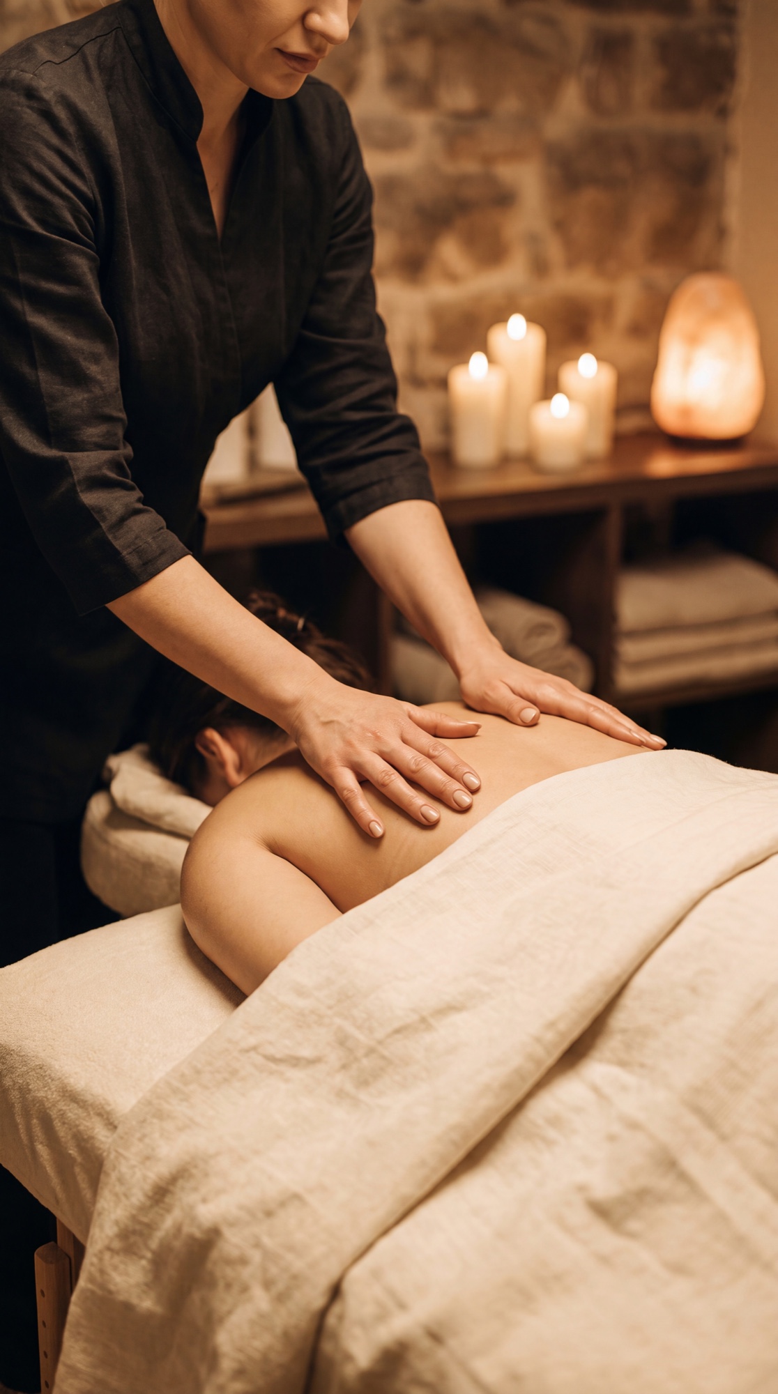 A massage therapist's hands giving a calm, restorative massage to a client's back